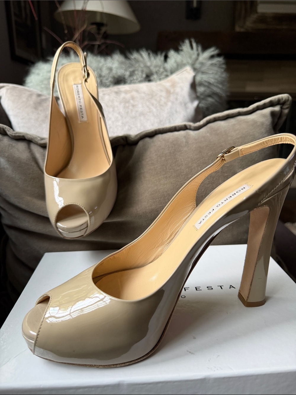 Roberto Festa Women's Beige Patent Peep-Toe Slingback Heels